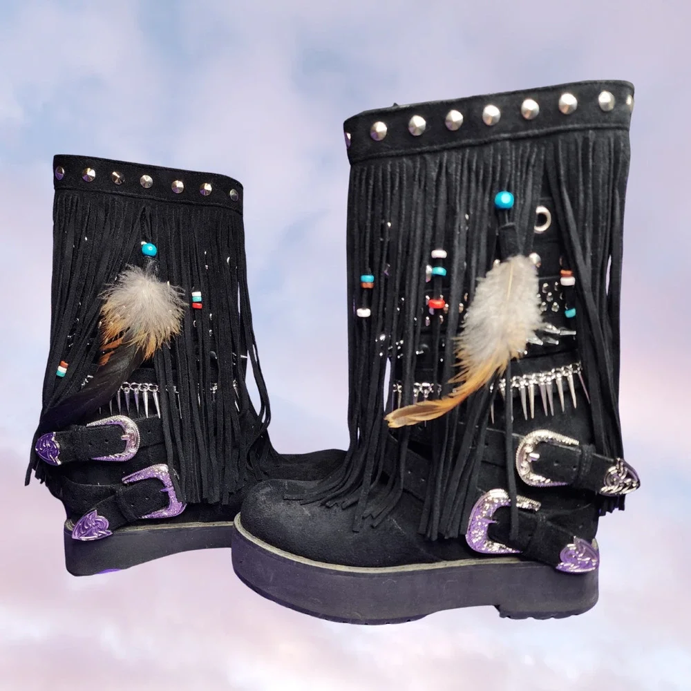 Current Mood Blackhawk Sedona Wedge Boots Black Fringe Rave Boho Black Womens 7M - Picture 1 of 9
